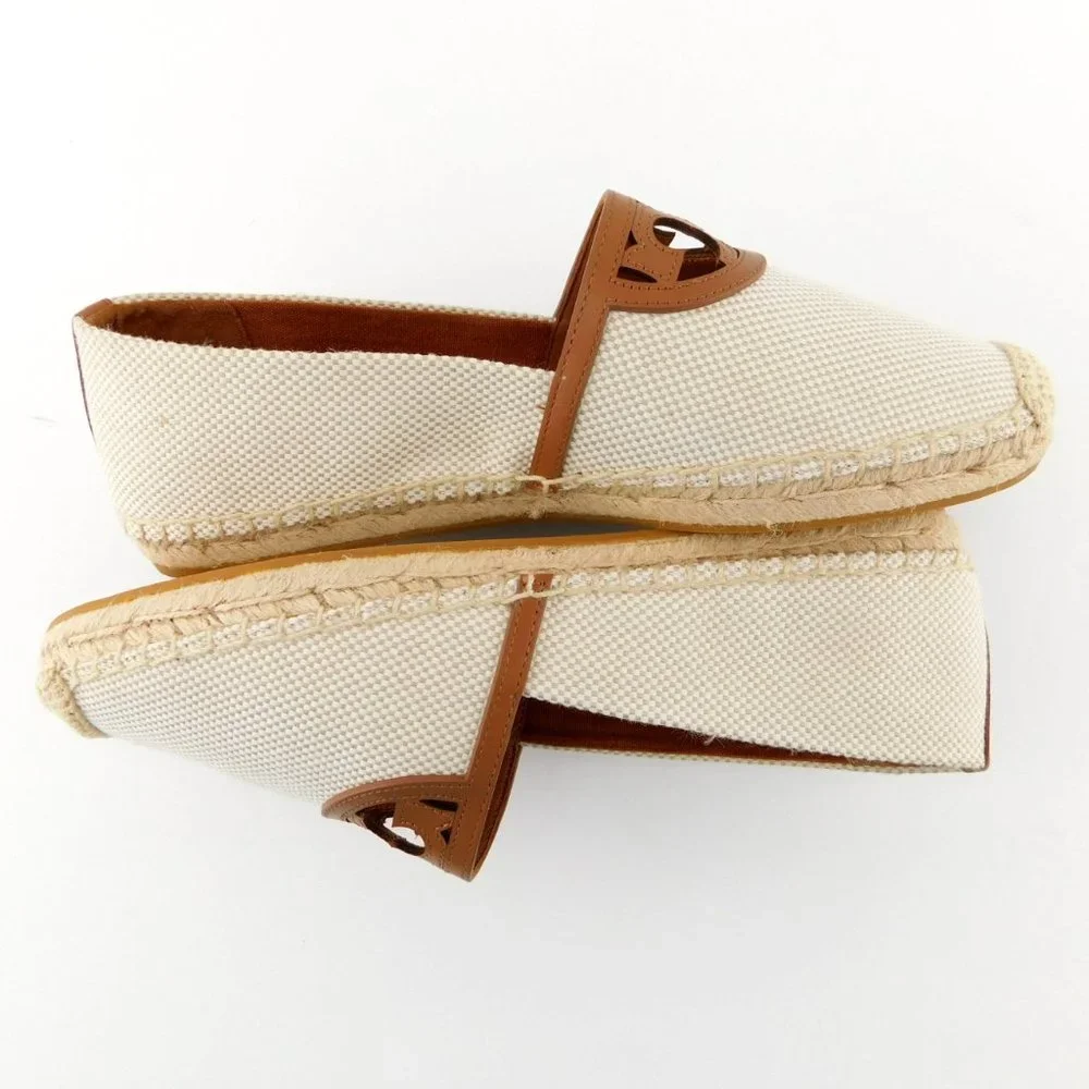 New TORY BURCH Natural Beige Tan Canvas Logo Slip-on Flat Espadrilles 8.5